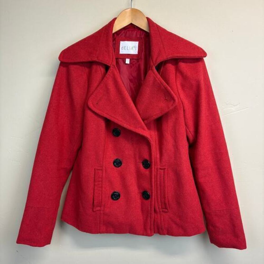 Delia*s Red Button Up Classic Pea Coat Size L